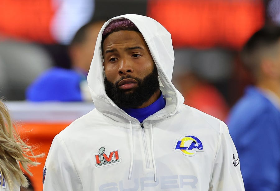 Odell Beckham Jr. of the Los Angeles Rams looks on from the bench area in the fourth quarter against the Cincinnati Bengals during Super Bowl LVI at SoFi Stadium on February 13, 2022 in Inglewood, California.