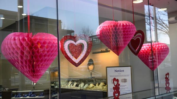 Valentine's Day decorations are seen in a shop win
