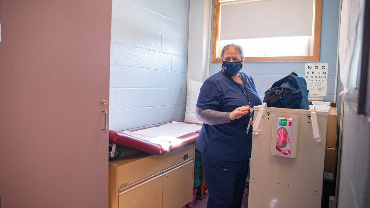 Valley Central High School nurse Constance Griffin talks about her job in the school's isolation room in Montgomery, NY, on Wednesday, February 9, 2022.