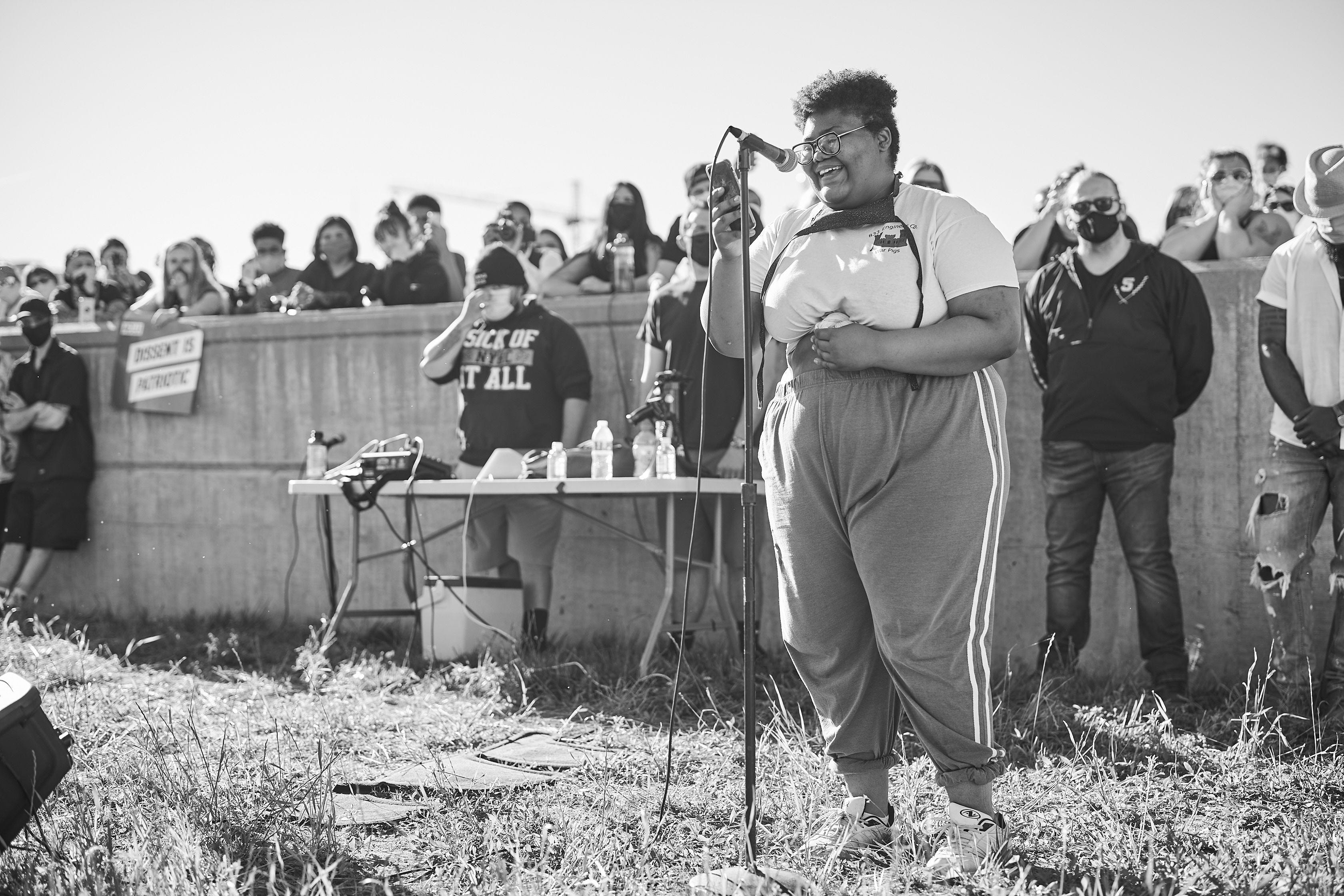 Kai Brown, 18, reciting a poem at a racial justice protest on May 29, 2020 in front of the Des Moines Police Department.