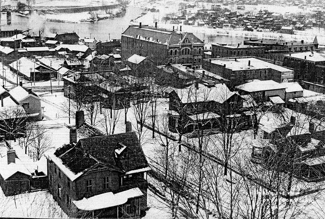 An early aerial view looking toward Justice Street in Fremont.