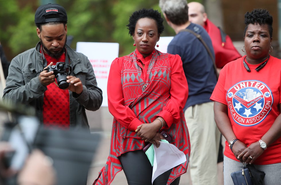 Mayoral candidate Pamela Moses, center, attends a May Day gathering outside of city hall in downtown Memphis on Wednesday, May 1, 2019.