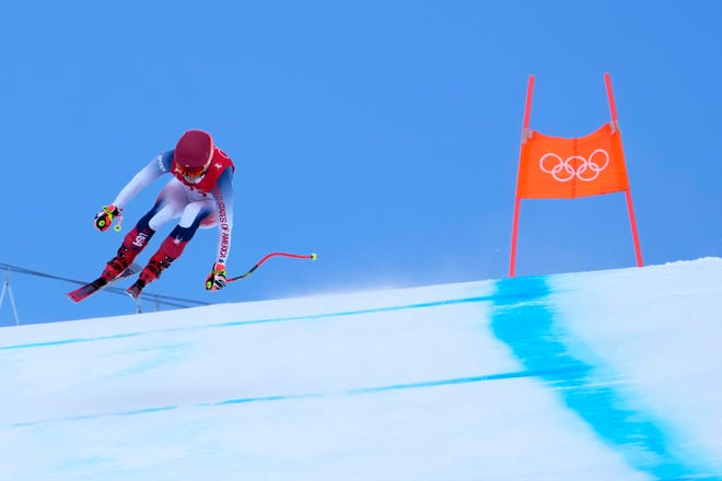 Mikaela Shiffrin (USA) competes in the alpine skiing-womens downhill event during the Beijing 2022 Olympic Winter Games at Yanqing Alpine Skiing Centre Feb 15, 2022.