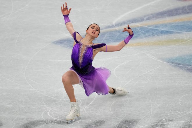 Kamila Valieva, of the Russian Olympic Committee, competes in the women's short program Feb. 15, 2022, in Beijing.