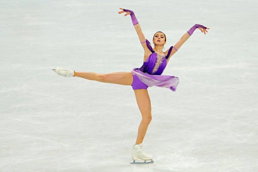 Kamila Valieva competes in the women's figure skating short program during the Beijing 2022 Olympic Winter Games at Capital Indoor Stadium, Feb. 15, 2022.