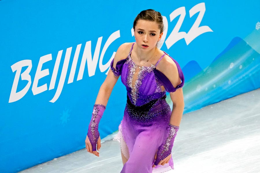 Russia's Kamila Valieva warms up before the women's figure skating short program during the Beijing 2022 Olympic Winter Games at Capital Indoor Stadium on Tuesday, Feb. 15, 2022.