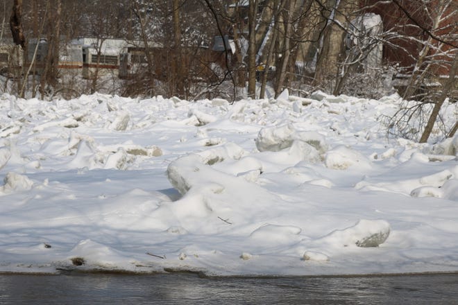 The Sandusky County EMA are monitoring the ice jam about three-quarters-of-a-mile downstream of the Ballville Bridge, where 6- to 10-feet thick of ice has built up through to south of the Haunted Hydro.