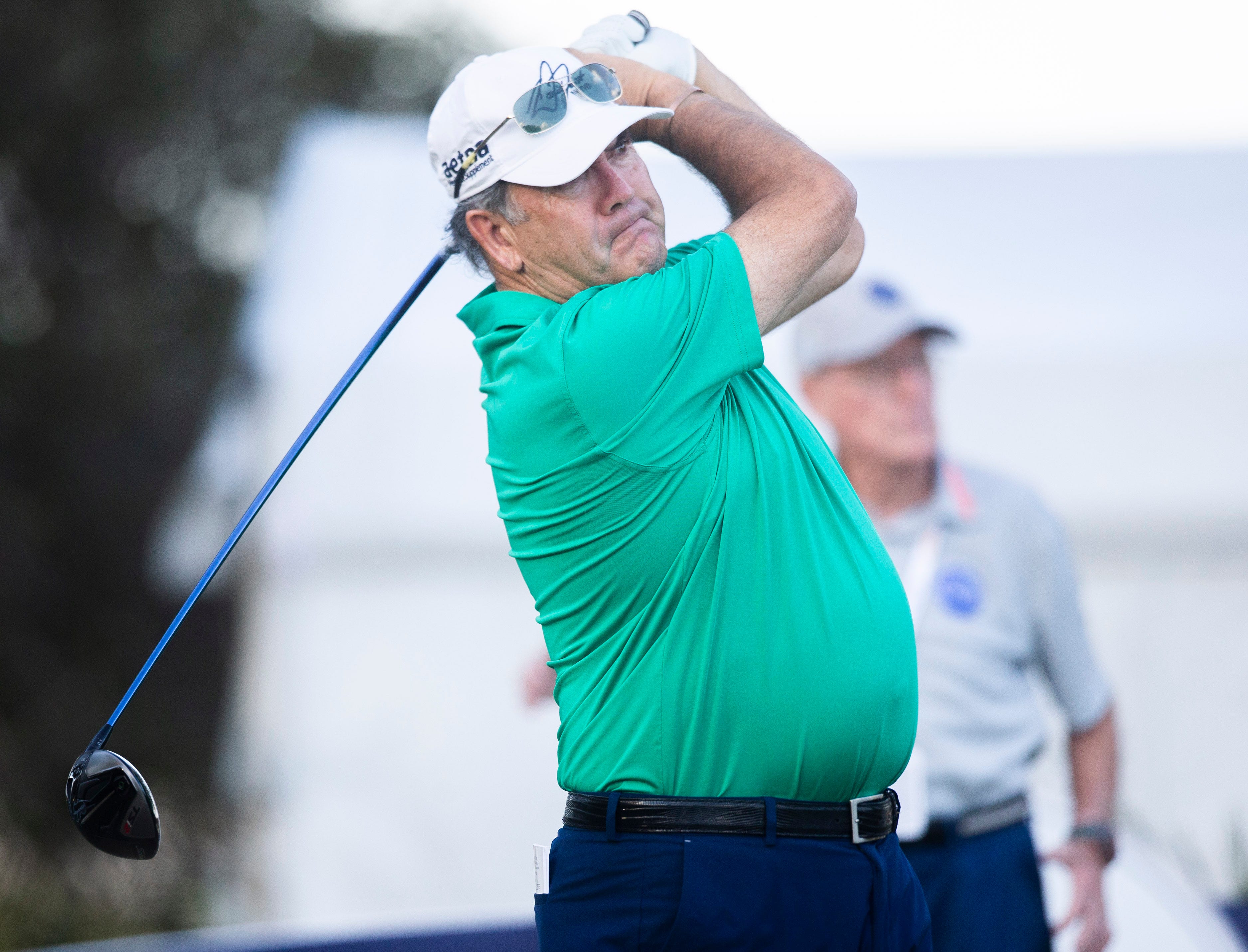 David Frost hits his tee shot at the first hole during the Chubb Classic on Wednesday, Feb. 16, 2022 at the Tiburón Golf Club in Naples, Fla. 