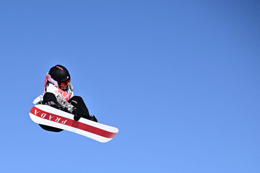 USA's Julia Marino competes in the snowboard women's slopestyle final run during the Beijing 2022 Winter Olympic Games at the Genting Snow Park H & S Stadium on February 6, 2022.