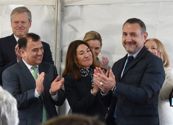 Celebrating the announcement Prysmian Group's subsea transmission cable manufacturing plant that will be built at Brayton Point are from left, Gov. Charlie Baker, Dennis Arriola, CEO Avangrid, Lt. Gov. Karyn Polito, and Prysmian Group Senior Vice President Hakan Ozmen.