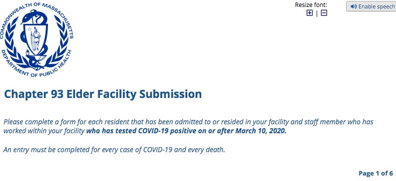 The homepage of the REDcap reporting system for COVID cases and deaths in Massachusetts long-term care facilities.