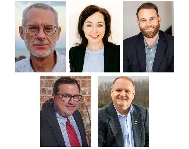 Springfield School Board candidates clockwise from top left are Charles Taylor, Brandi VanAtwerp, Kelly Byrne, Steve Makoski and Chad Courtney.