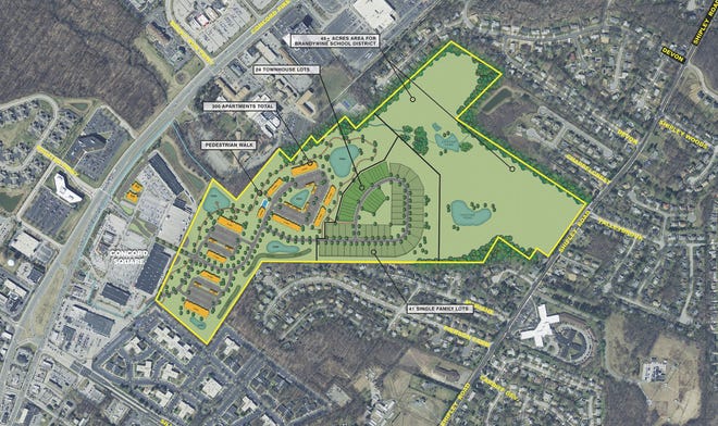 An overhead view of the proposed project at the former Brandywine Country Club between Concord Pike and Shipley Road in Brandywine Hundred. The plan includes 365 housing units, a decrease of about 200 compared to the original proposal.