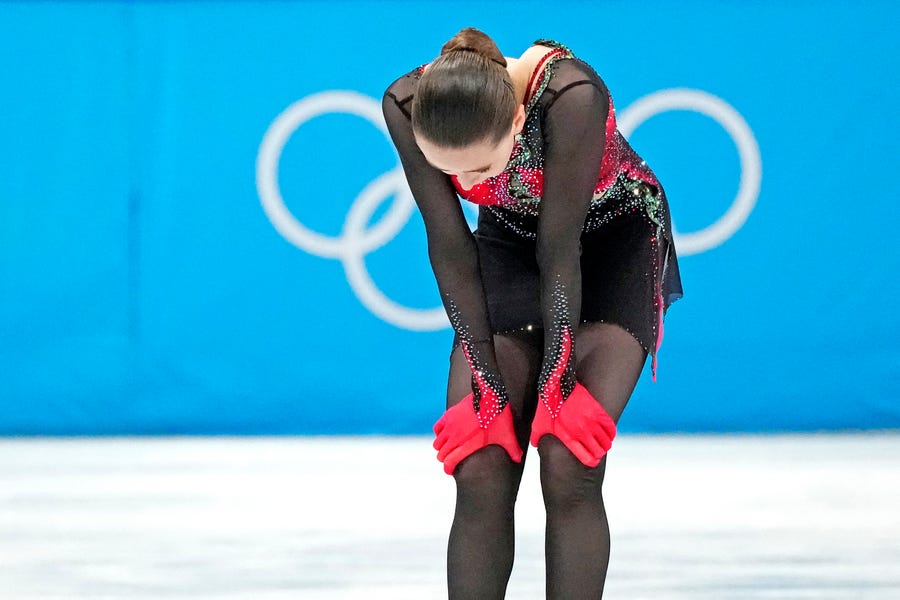 Kamila Valieva (ROC) in the women's figure skating free program during the Beijing 2022 Olympic Winter Games at Capital Indoor Stadium, Feb. 17, 2022.