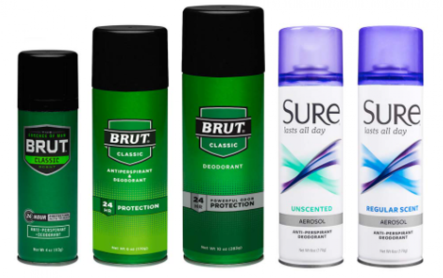 Brut and Sure deodorant and antiperspirant sprays.