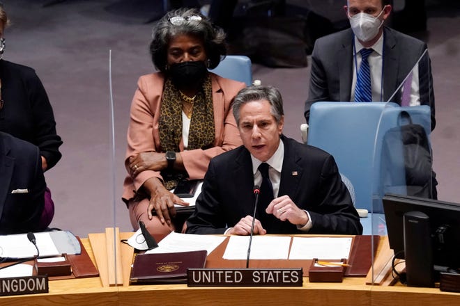 U.S. Secretary of State Antony Blinken addresses the United Nations Security Council on Feb. 17, 2022. U.S. Ambassador Linda Thomas-Greenfield is seated, background left.