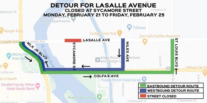 This map shows the detour routes that will be in effect while LaSalle Avenue is closed Feb. 21-25, 2022, at Sycamore Street.