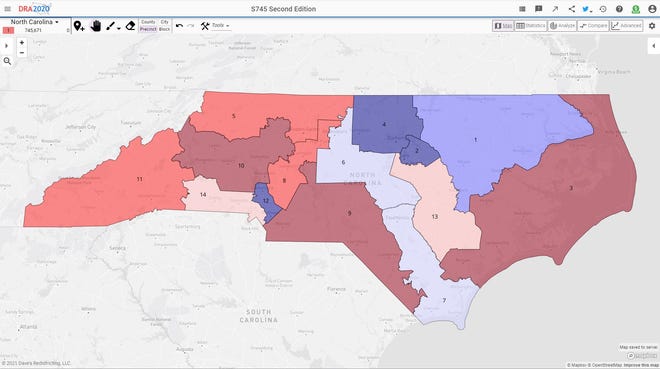 Newly drawn Congressional districts for North Carolina appear to have 8-6 split of Republican seats to Democratic seats. Voting history indicates five of the districts (the ones with the lighter shades of red and blue) should be competitive for both parties.