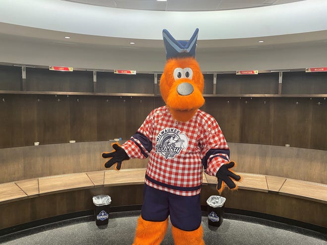 Milwaukee Admirals mascot Roscoe models the "Milwaukee Fish Fry" jersey players will wear March 11-12, 2022, during during a "Made in Milwaukee Weekend" promotion that will include the hockey team temporarily changing its name to the Milwaukee Fish Fry.