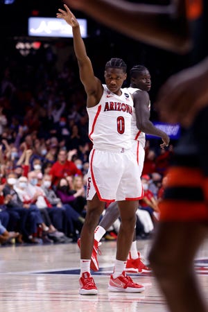 Arizona Wildcats guard Bennedict Mathurin (0) reacts after making a three-point basket during the second half against the Oregon State Beavers at McKale Center.