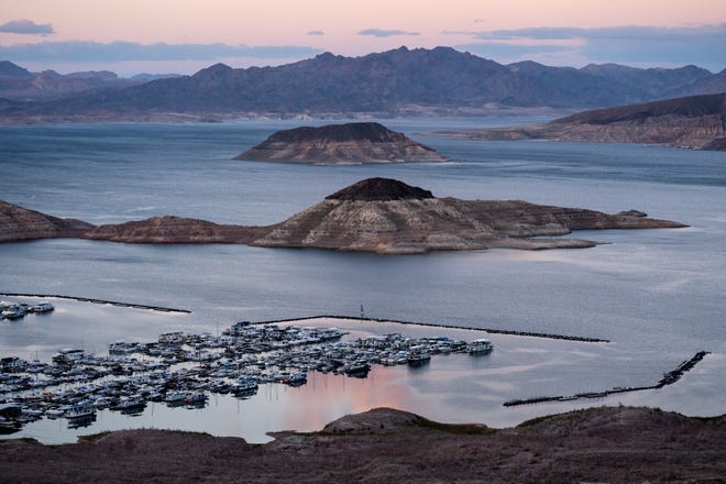The Las Vegas Boat Harbor & Lake Mead Marina on Feb. 16, 2022, on the Arizona/Nevada border. A high-water mark or bathtub ring is visible on the shoreline; Lake Mead is down 161 vertical feet.