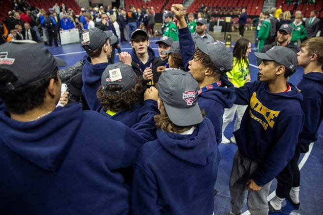 Burlington Notre Dame wins the Class 2A team race during the Iowa High School state wrestling tournament on Saturday at Wells Fargo Arena, in Des Moines.