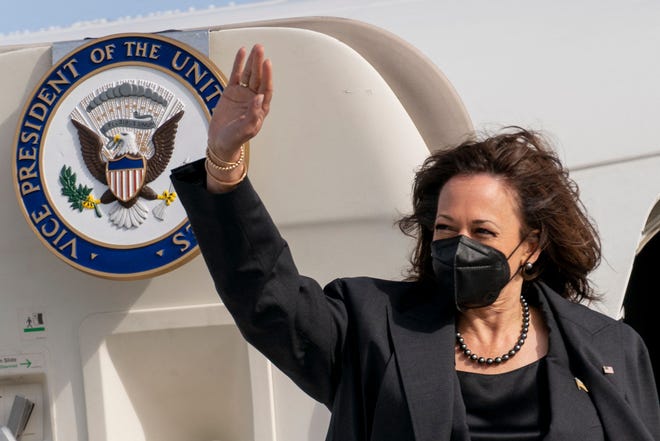 Vice President Kamala Harris boards her plane to Washington from the Munich International Airport on Feb. 20, 2022, after attending the Munich Security Conference.