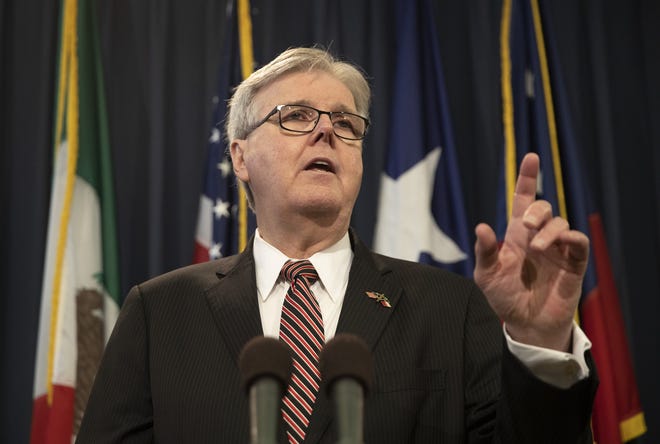 Texas Lt. Gov. Dan Patrick, shown here speaking about critical race theory at the Capitol in Austin, on Feb. 18, 2022. [JAY JANNER/AMERICAN-STATESMAN via AP]