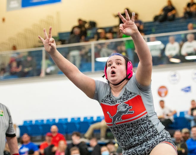 Alaina Jackson of Minerva celebrates following her win over Karlie Harlow of Greeneview to win the 235-pound state championship Feb. 20, 2022, at Hilliard Davidson.