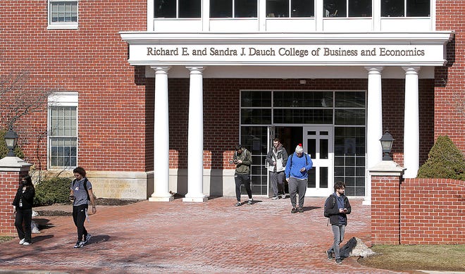 Students leave the Dauch College of Business and Economics after classes on Monday, Feb 21, 2022. TOM E. PUSKAR/TIMES-GAZETTE.COM
