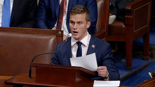 In this image taken from video, Rep. Madison Cawthorn, R-N.C., speaks at the U.S. Capitol, Jan. 7, 2021.  (House Television via AP, File)
