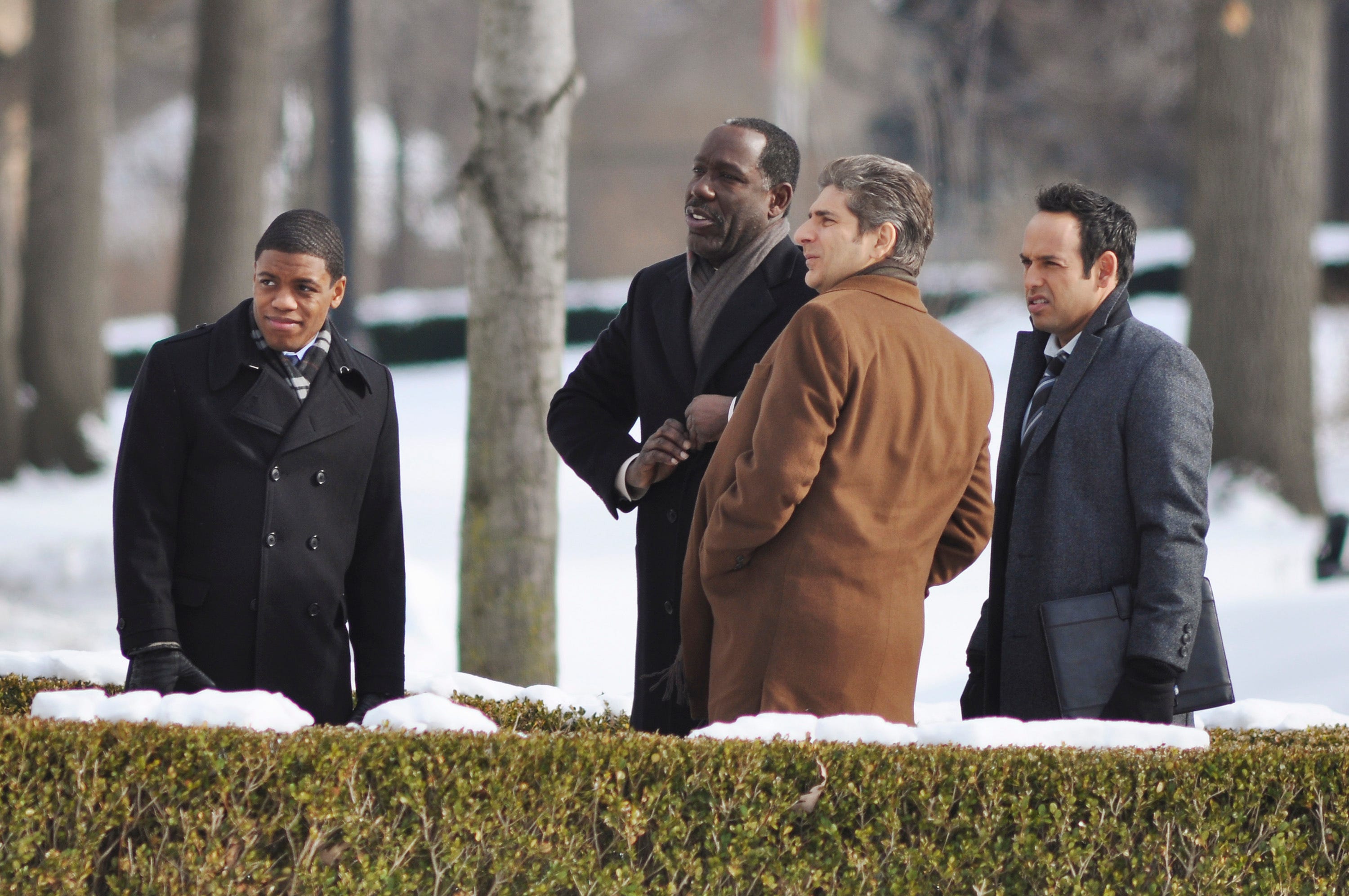Jon Michael Hill,left,  James McDaniel, Michael Imperioli, and Shaun Majumder during shooting of a scene for 