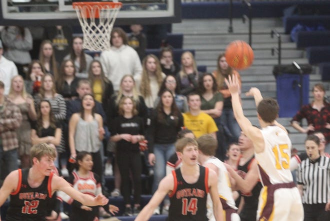 Clayton Jassen of Belt shoots a 3-point try as Roy-Winifred's Brody Geer defends during the District 8C boys' championship game Saturday, Feb. 19, 2022 at the Bill Swarthout Fieldhouse. Roy-Winifred won the title with a 37-35 victory.