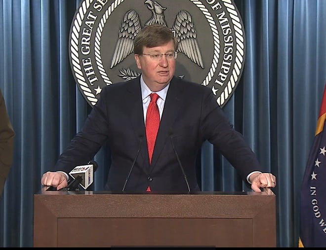 Gov. Tate Reeves speaks during a press conference Monday, Feb. 21, 2022, in Jackson, Miss.