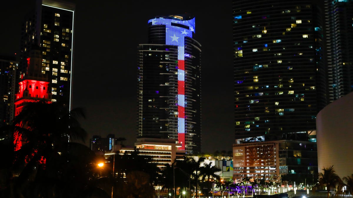 The world's tallest L.E.D. "Happy Presidents' Day" greeting lights-up the 60-story Paramount Miami Worldcenter in observance of the 29th annual holiday honoring America's 46 commanders-in-chief.