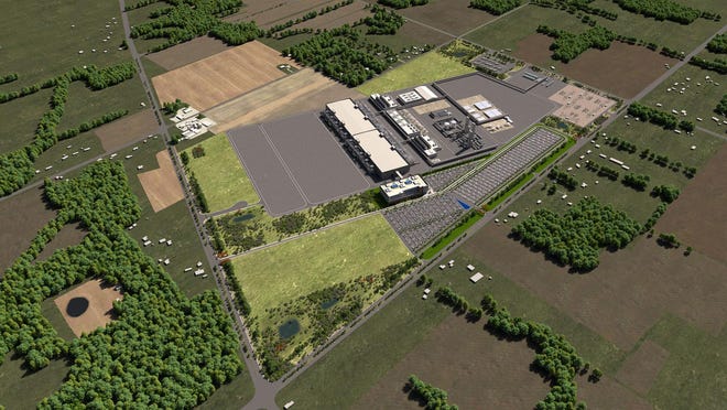 A rendering of two intel computer chip factories that are scheduled to open in New Albany by 2025.
