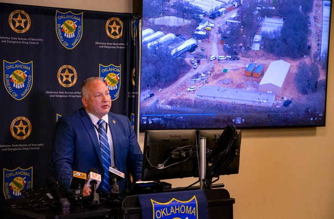 Oklahoma Bureau of Narcotics director Donnie Anderson speaks about the results of a large scale bust of marijuana trafficking organizations at the OBN headquarters in Oklahoma City, Okla. on Tuesday, Feb. 22, 2022.



 