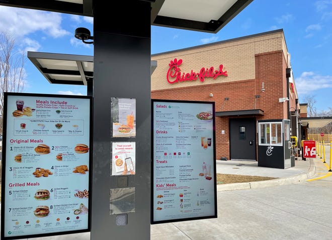 The drive-thru lanes at the Chick-fil-A restaurant opening at Elton Plaza on Route 9 in Freehold Township. Feb. 22, 2022