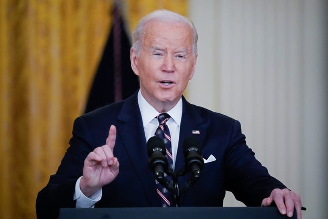 U.S. President Joe Biden speaks on developments in Ukraine and Russia, and announces sanctions against Russia, from the East Room of the White House February 22, 2022 in Washington, DC.