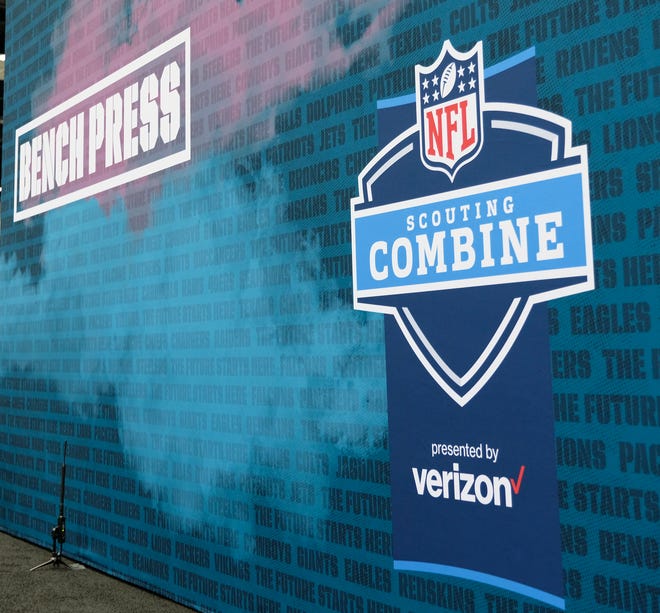 General view of the bench press stage at the NFL football scouting combine in Indianapolis in 2019.