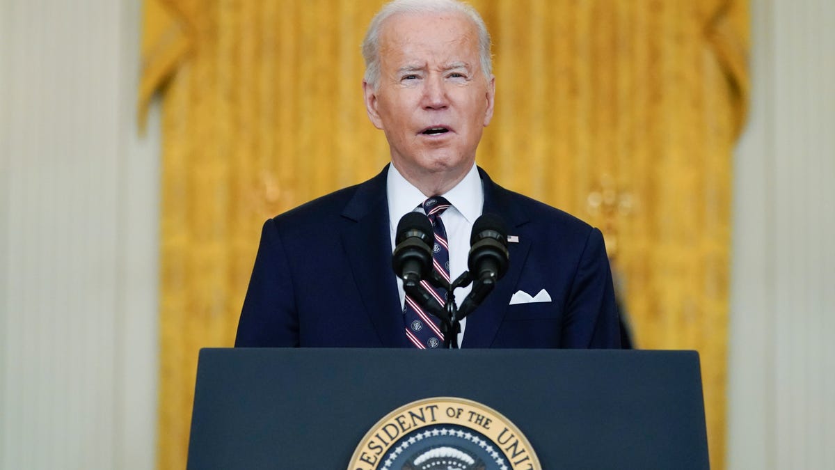 President Joe Biden speaks about Ukraine in the East Room of the White House, Tuesday, Feb. 22, 2022, in Washington.