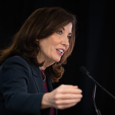 New York Gov. Kathy Hochul speaks during a news co