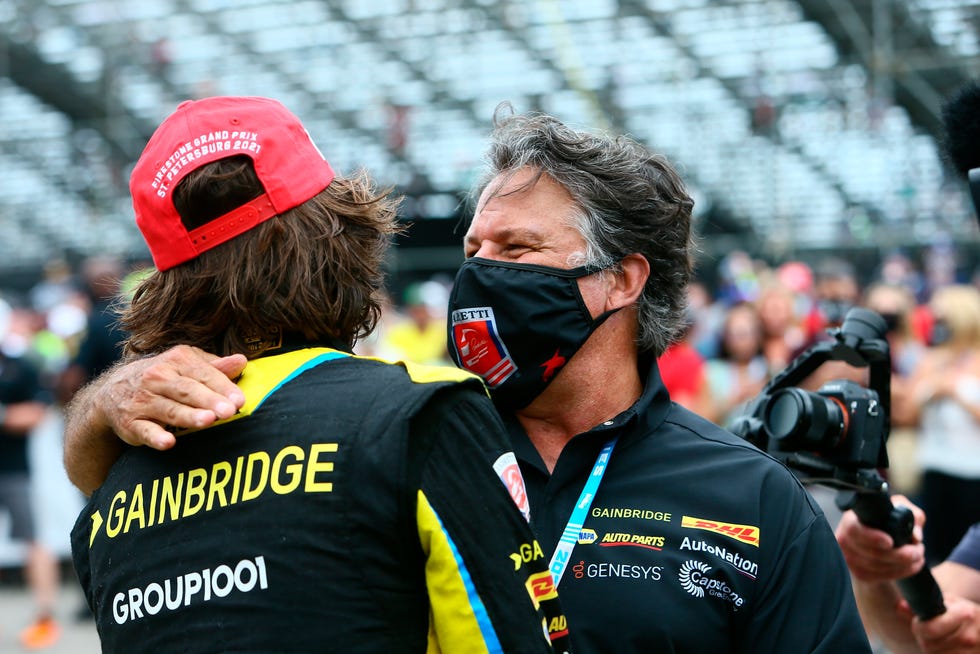 Andretti Autosport team owner Michael Andretti, right, congratulates his driver Colton Herta after winning the Grand Prix of St. Petersburg. Herta is on the short list of American drivers that Andretti Cadillac would look at for its F1 team.