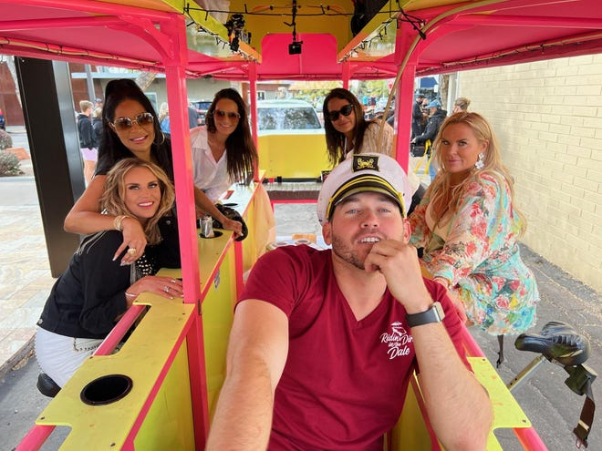 Whitney Rose (left), Jen Shah, Lisa Barlow, Meredith Marks and Heather Gay went on an Arizona Party Bike while visiting Scottsdale. "The Real Housewives of Salt Lake City" cast was filming Season 3 of the Bravo show.