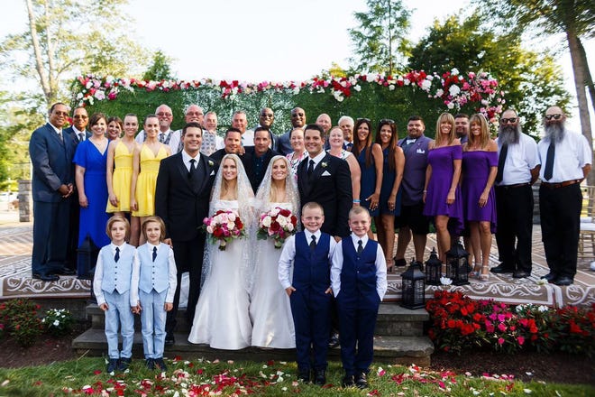 Identical twins Briana and Brittany, 35, married identical twins Josh and Jeremy Salyers, 37, had a double wedding and invited close friends and family members who are also twins.