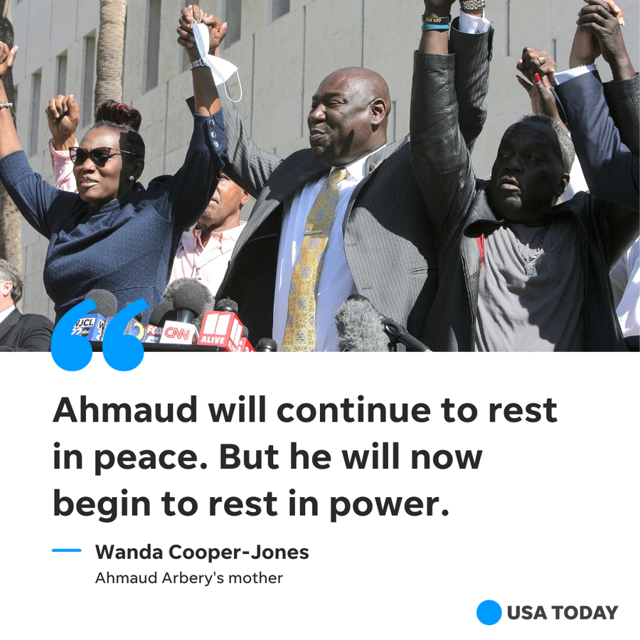 Shortly after the verdict was announced, Arbery's parents emerged from the courthouse holding hands with attorney Ben Crump. They raised their clasped hands to cheers from supporters.