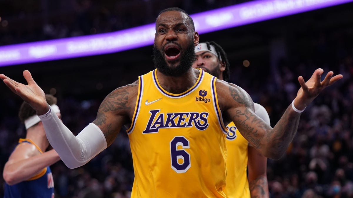 Los Angeles Lakers forward LeBron James (6) reacts after being called for a foul against the Golden State Warriors in the fourth quarter at the Chase Center during a game this season.
