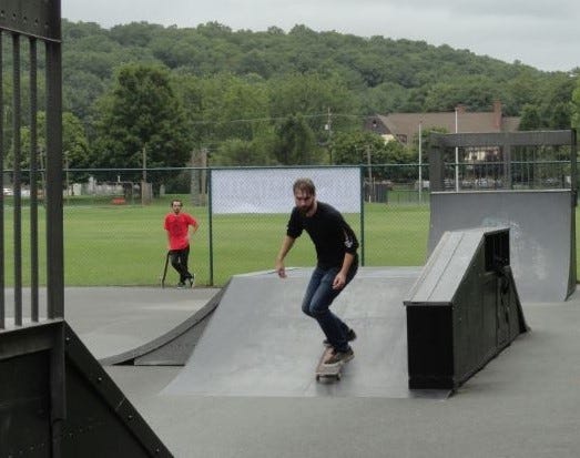 This is a scene of one of the Hawley Skate Jams held at the skatepark in 2021, coordinated by Franky Paul. Plans are underway to make colorful murals around the two large ramps. The skatepark was established in 2006 after a group of Wallenpaupack students urged the Borough Council to build one; the students assisted with fundraising.