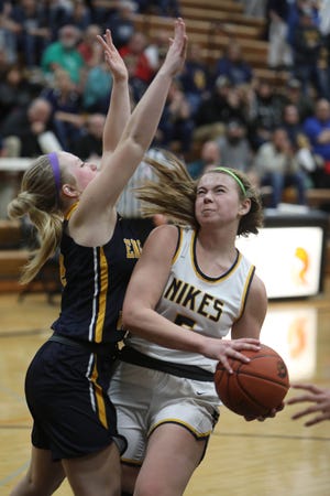 Notre Dame High School's Megan Harrell (5) drives to the basket during their Class 1A regional final girls basketball game against English Valley Wednesday Feb. 23, 2022 at Fairfield High School. Notre Dame won the the game 83-22.