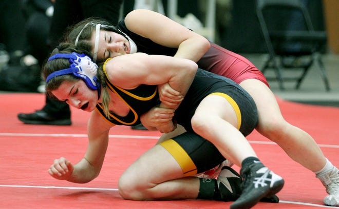 Rossville's Kendra Hurla wrestles Leon-Bluestem's Cadence Williamson in the 120-pound weight class of the KSHSAA Class 4-1A girls state wrestling championship semifinal Wednesday, Feb. 23, 2022, in Salina. Hurla defeated Williamson by fall 1:47.